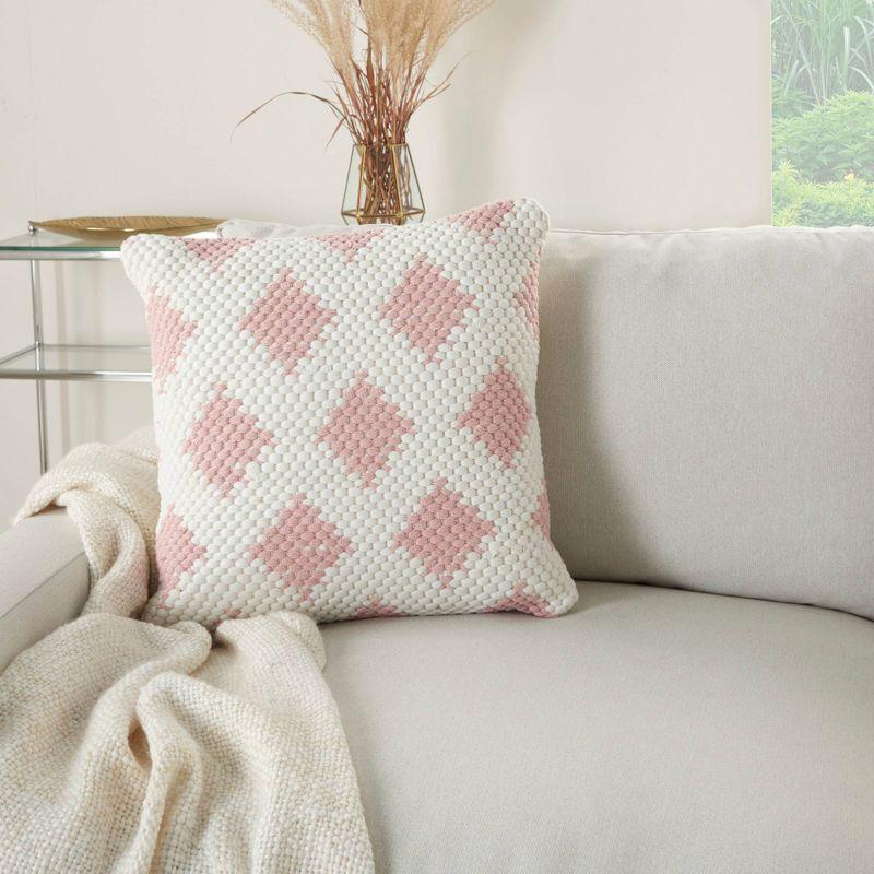 Blush Pink Ivory Woven Diamonds 20" Square Cotton Throw Pillow