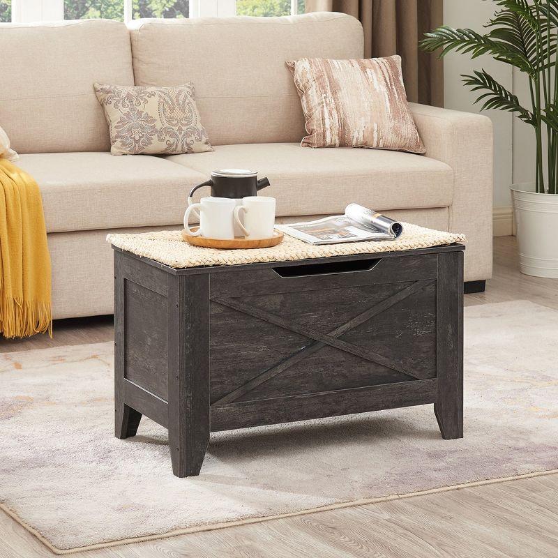 VECELO 30" Storage Ottoman Wooden Bench with Wicker-Knot Cushions Toy Box Organizer with Safety Hinges Charcoal Gray