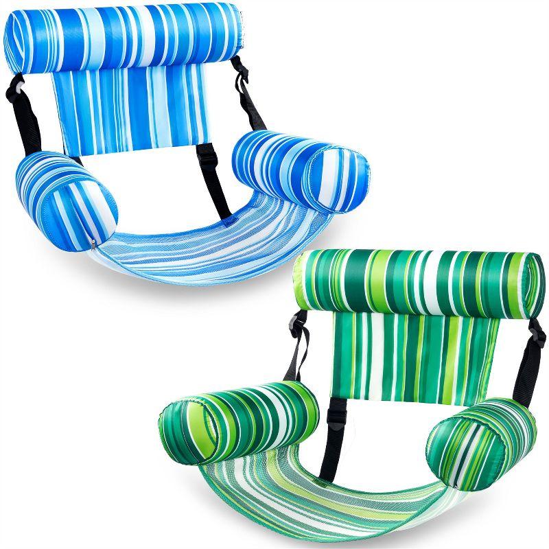 Joyfy 2 Packs Inflatable Pool Chairs,  Inflatable Lounge Pool Float, Stripe Hammock Chair for Adult Summer Party Water Beach Fun - Green, Blue