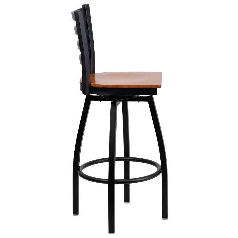 Cherry Wood and Black Metal Swivel Barstool with Ladder Back