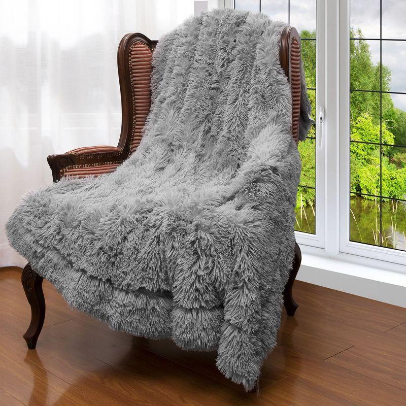 Silver Reversible Faux Fur and Fleece Throw Blanket 60" x 70"