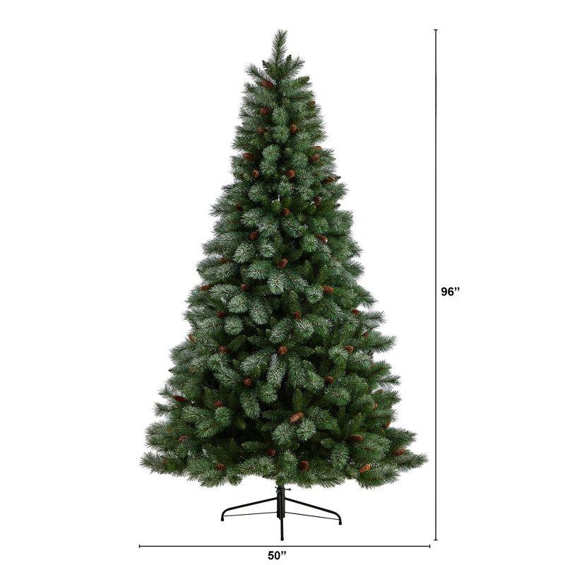 Nearly Natural 8-ft Snowed French Alps Mountain Pine Christmas Tree with 1159 Bendable Branches and Pine Cones