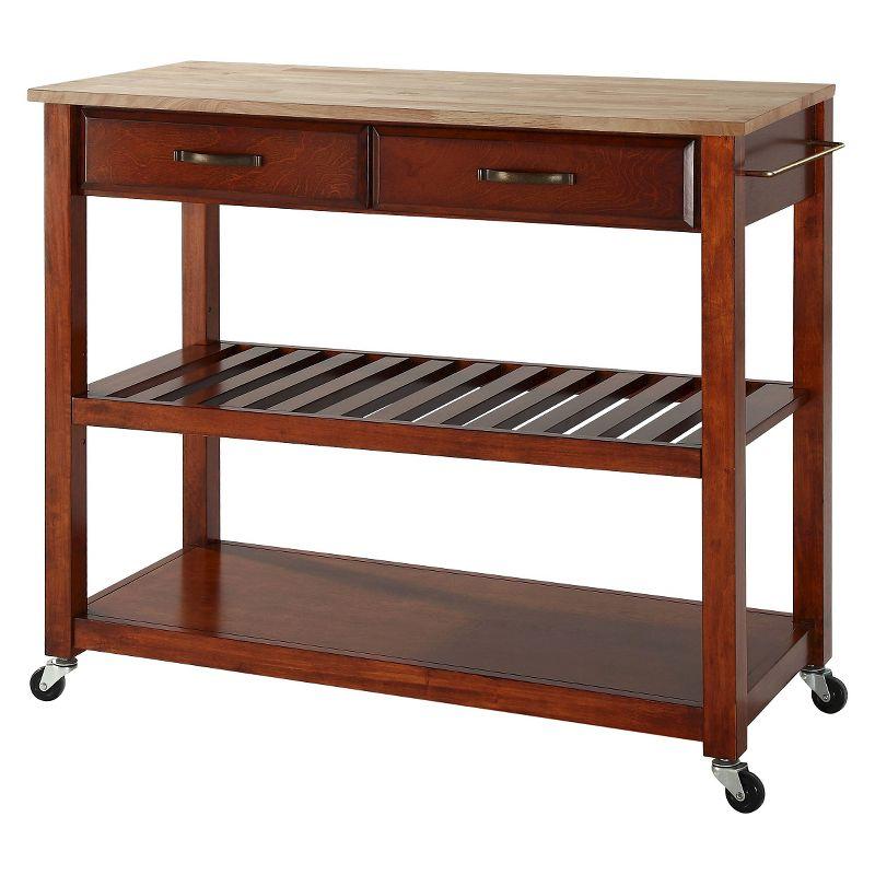 Natural Wood Top Mobile Kitchen Cart with Storage and Wine Rack