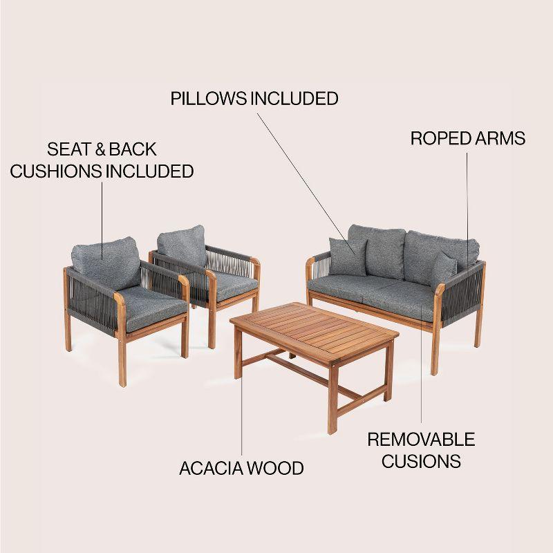 Tavira 4-Piece Modern Bohemian Acacia Wood Outdoor Patio Set with Cushions and Plain Decorative Pillows - JONATHAN Y