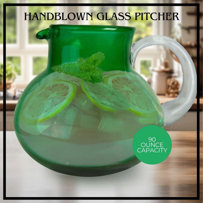Artland Iris 90 Oz Handblown Glass Pitcher, Bubble Shape, Lead-Free, Versatile Drink Dispenser for Water, Juice, Cocktails, Dishwasher Safe - Green