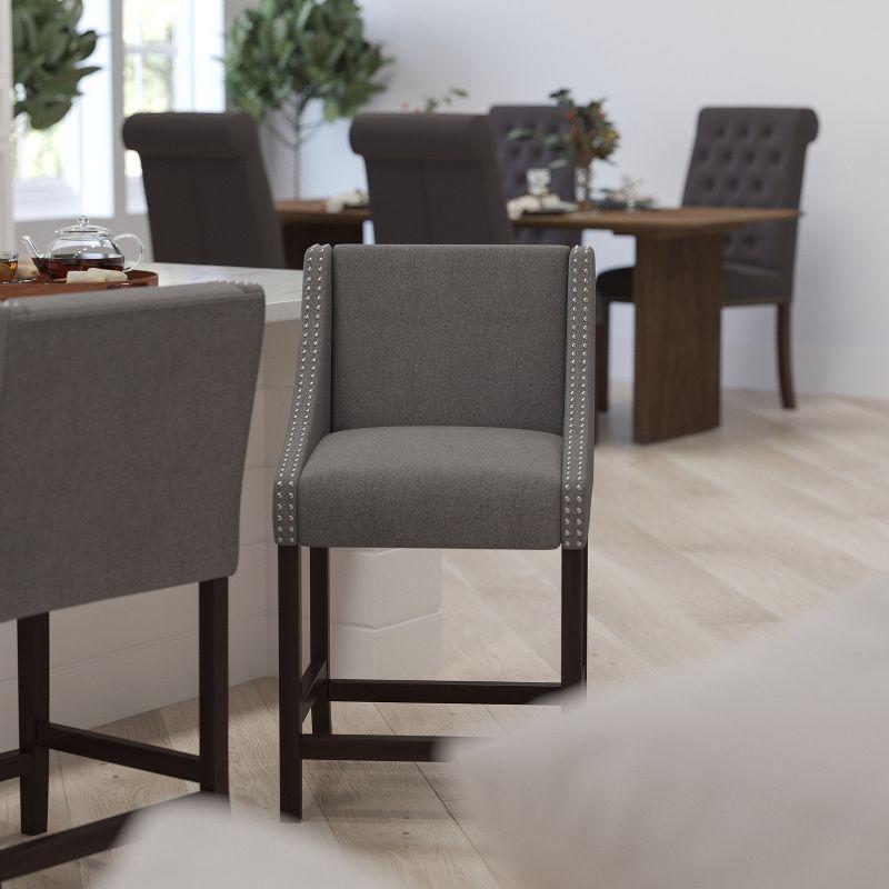 Merrick Lane Taylorsville 24 Inch Walnut Counter Height Stool with Nailhead Trim in Dark Gray Fabric