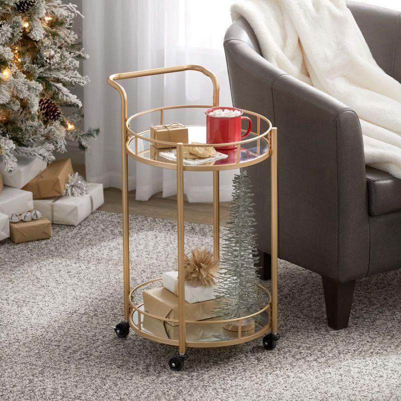 Soft Brass Round Metal Bar Cart with Glass Shelves