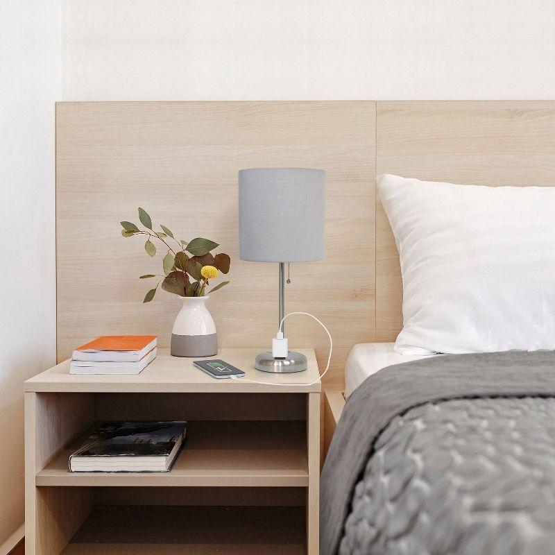 Creekwood Home 19.5" Bedside Power Outlet Base Metal Table Desk Lamp Brushed Steel with Fabric Shade Gray : College Dorm, Pull Chain