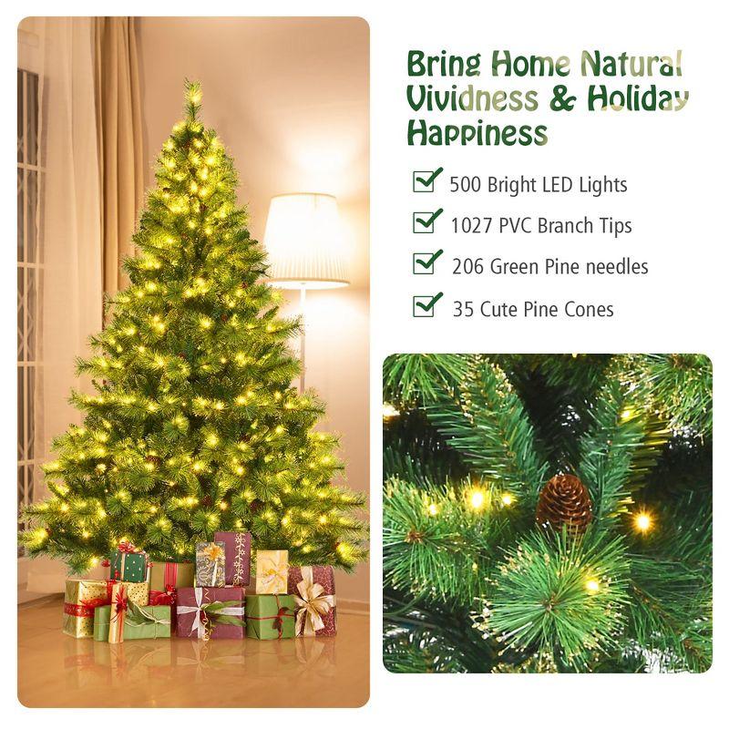 Costway 6ft\7ft\8ft Pre-lit Hinged Christmas Tree w/ 777\1233\1913 Glitter Tips & Pine Cones