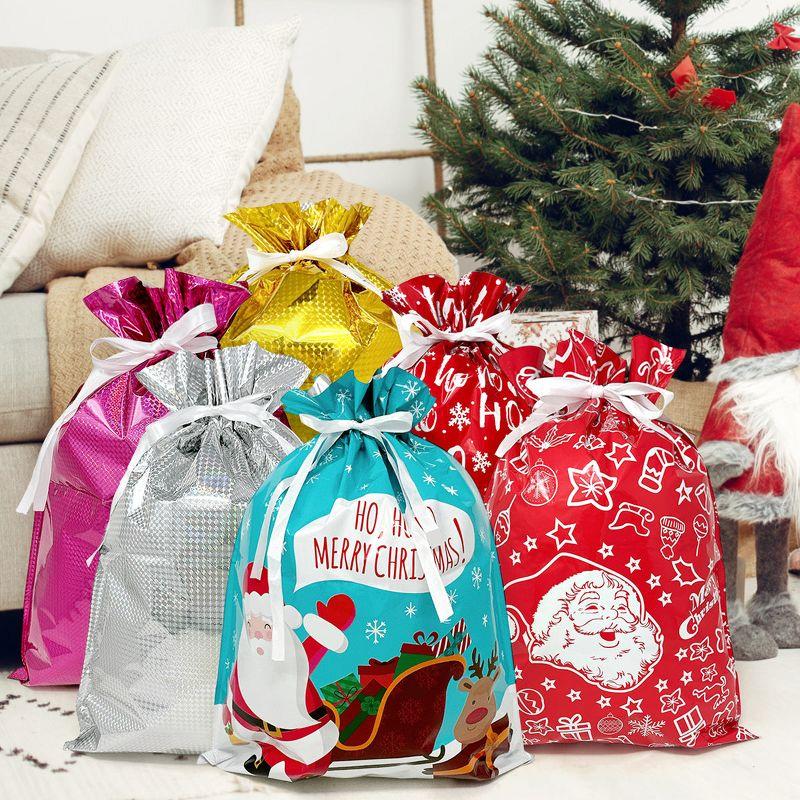 Wrapables Aluminum Foil Christmas Holiday Drawstring Gift Bags for Party Favors, Goodie Bag, Treats, Gift Wrap, Parties Red & Green (Set of 10)