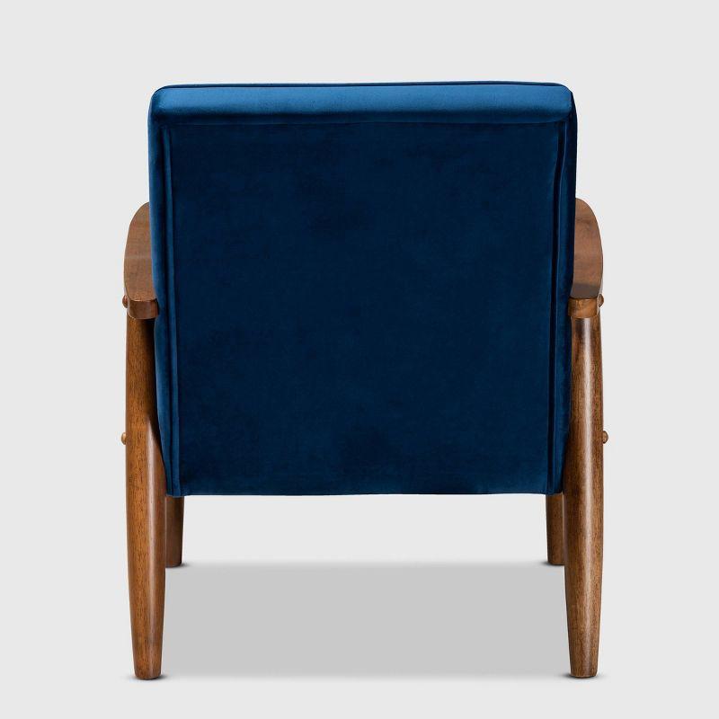 Sorrento Velvet Upholstered Wooden Lounge Chair Navy Blue/Brown - Baxton Studio: Mid-Century Modern, Button-Tufted, Danish Design
