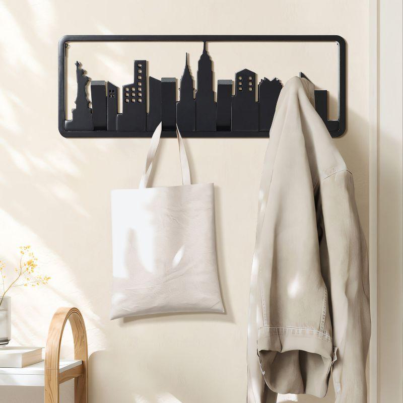 LuxenHome Black Wood 4-Hook Skyscraper Wall-Mounted Coat and Towel Rack