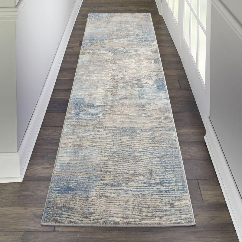 Ivory Grey Blue Hand-knotted Abstract Synthetic Runner Rug