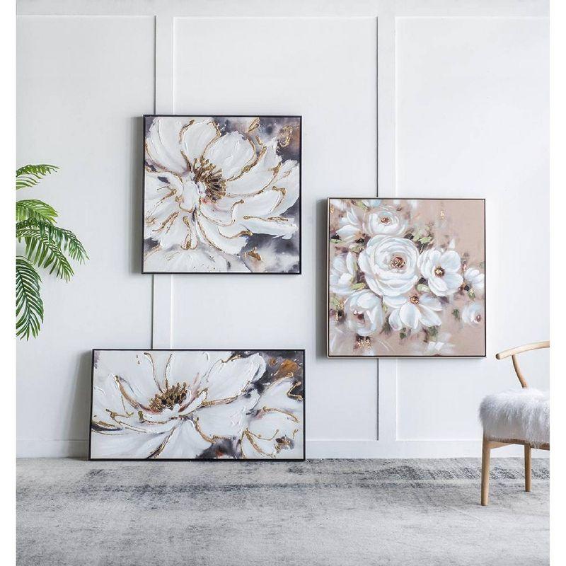 A&B Home Blooming Floral Framed Hand-Painted Wall Art - 24.5"W X 48"H X 2“L - Black Frame - Cream/Gray