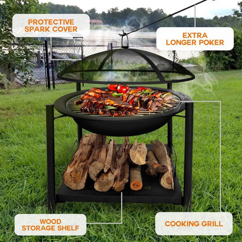 SereneLife Portable Outdoor Wood Fire Pit - 2-in-1 Steel BBQ Grill 26" Wood Burning Fire Pit Bowl w/ Mesh Spark Screen, Cover Log Grate SLCARFP54