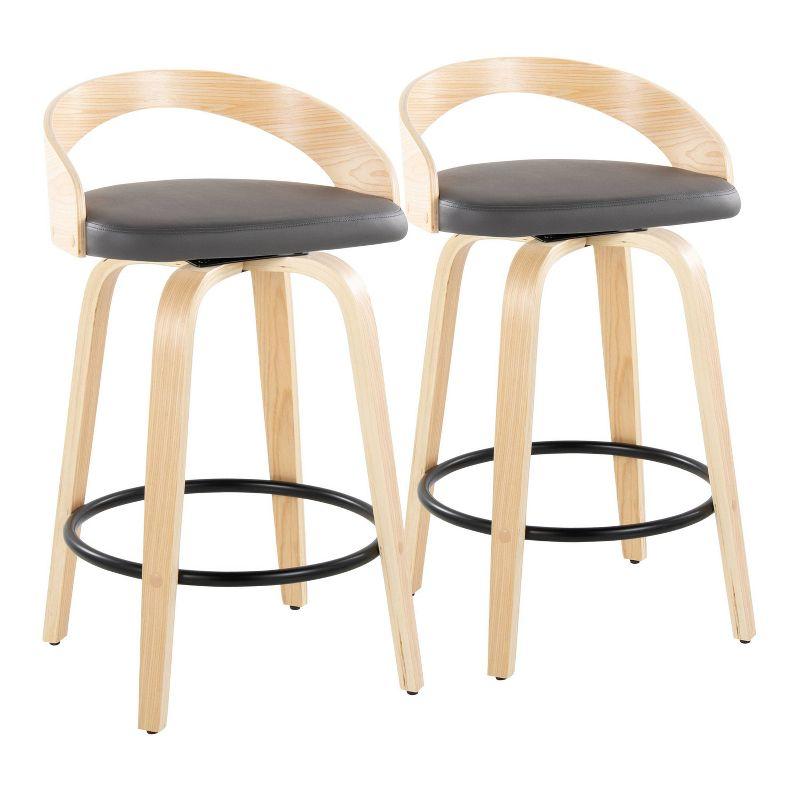 LumiSource Set of 2 Grotto Counter Height Barstools Natural/Black/Gray : Swivel, Low Back, Wood Frame, Foam Upholstery