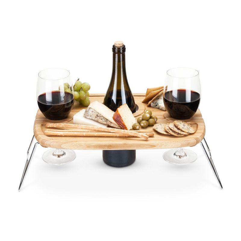 Natural Bamboo Folding Wine Picnic Table with Glass Holders