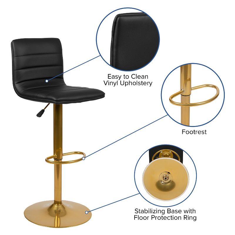 Flash Furniture Modern Black Vinyl Adjustable Bar Stool with Back, Counter Height Swivel Stool with Gold Pedestal Base, Set of 2