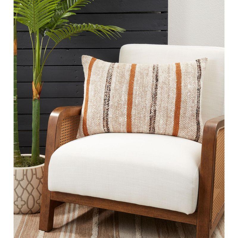 Rust and Beige Striped Cotton Throw Pillow with Fringe