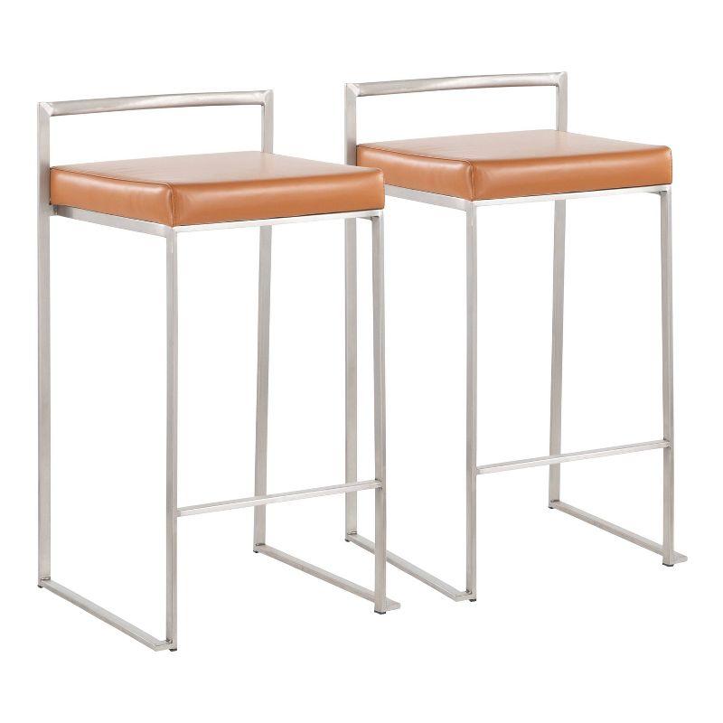 Set of 2 Fuji Stackable Counter Height Barstools Leather/Steel Camel - LumiSource: Padded, Easy Storage