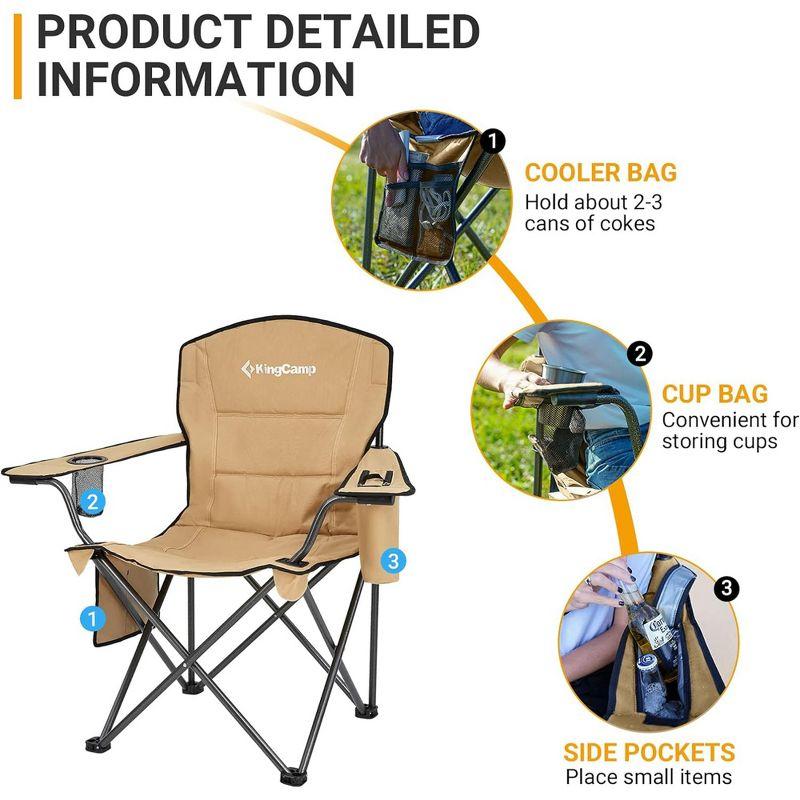 KingCamp Padded Portable Outdoor Folding Lounge Chairs with Built In Cupholder, Insulated Cooler Sleeve, and Side Storage Pocket, Khaki