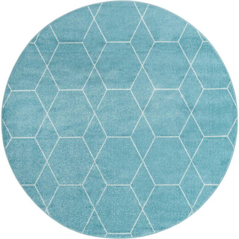 Light Blue Round Synthetic Trellis Easy Care Rug