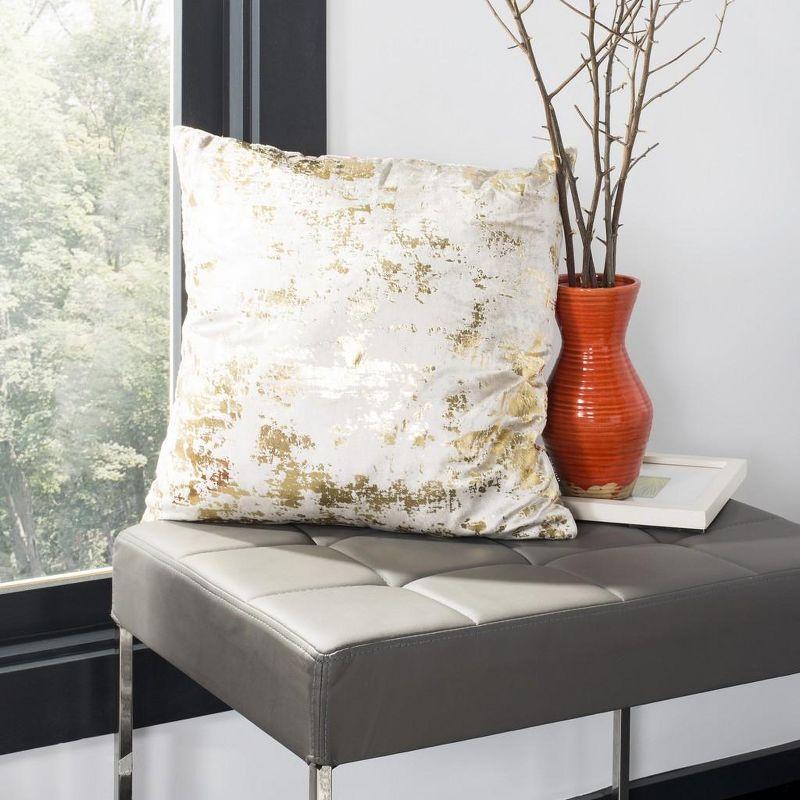 Contemporary Beige and Gold Cotton-Blend Metallic Square Pillow