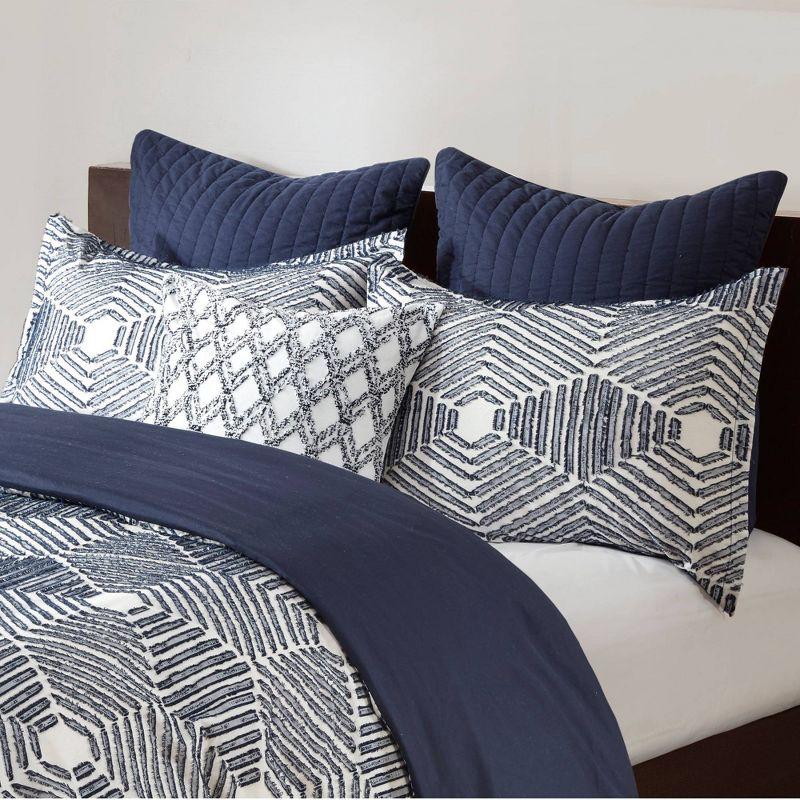 California King Navy Cotton Geometric Jacquard Duvet Cover Set