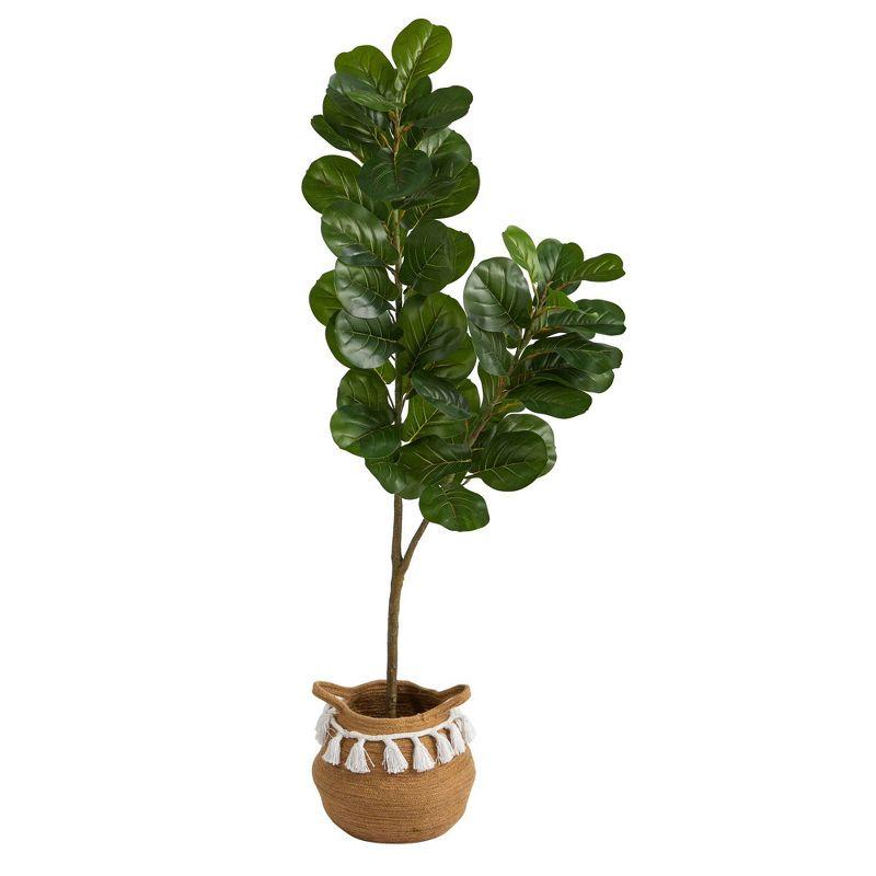 Nearly Natural 4.5-ft Fiddle Leaf Fig Tree with Handmade Natural Cotton Woven Planter with Tassels