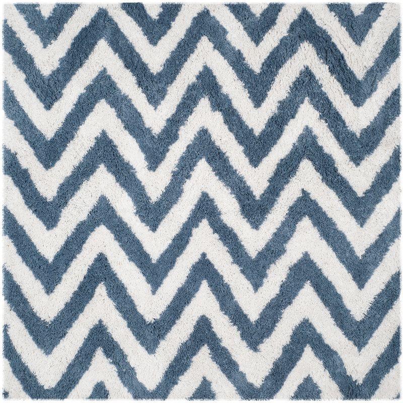 Ivory and Blue Hand-Tufted Cotton Shag Area Rug, 7' x 7'