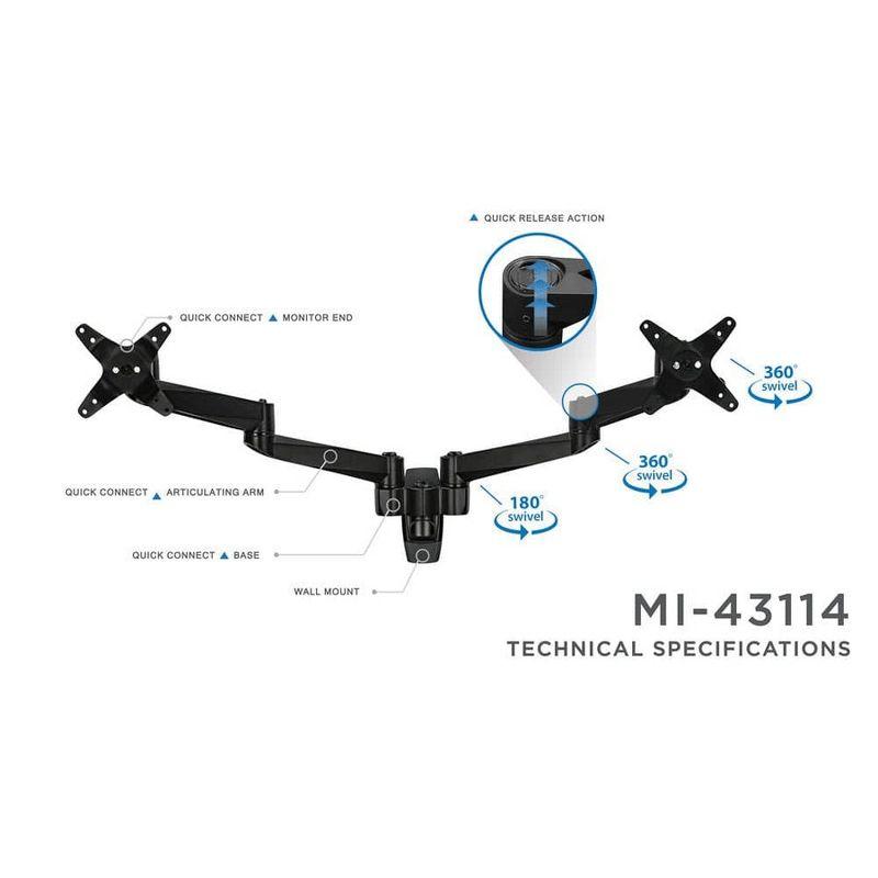 Mount-It! Dual Full Motion Monitor Wall Mount, Compatible with VESA 75 and 100, Fits Computer Screens 19, 20, 21, 24, 27, 30 Inches, Silver