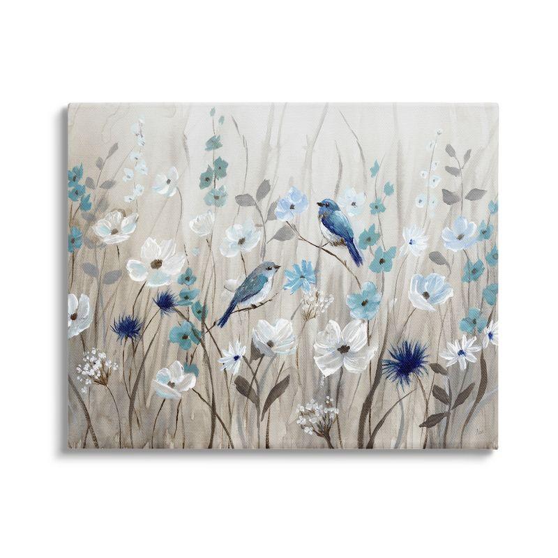 Blue and White Blossoms Meadow Bird Canvas Wall Art