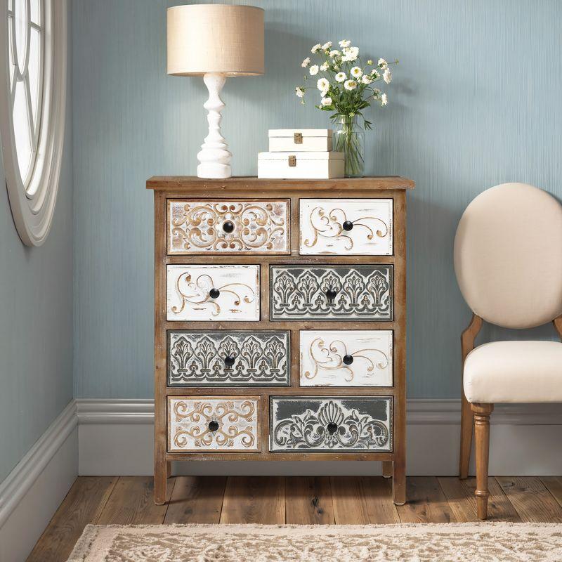 LuxenHome 8-Drawer 32.25" H x 25.75" W Rustic Carved Wood Accent Chest. Brown