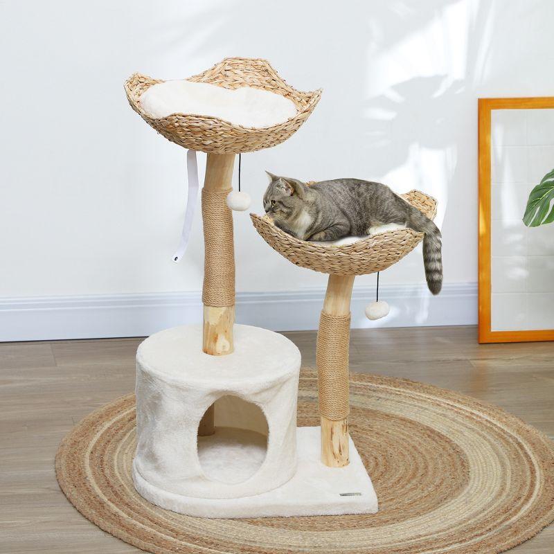 Cream White 37" Cat Tree with Wooden Posts and Cushions