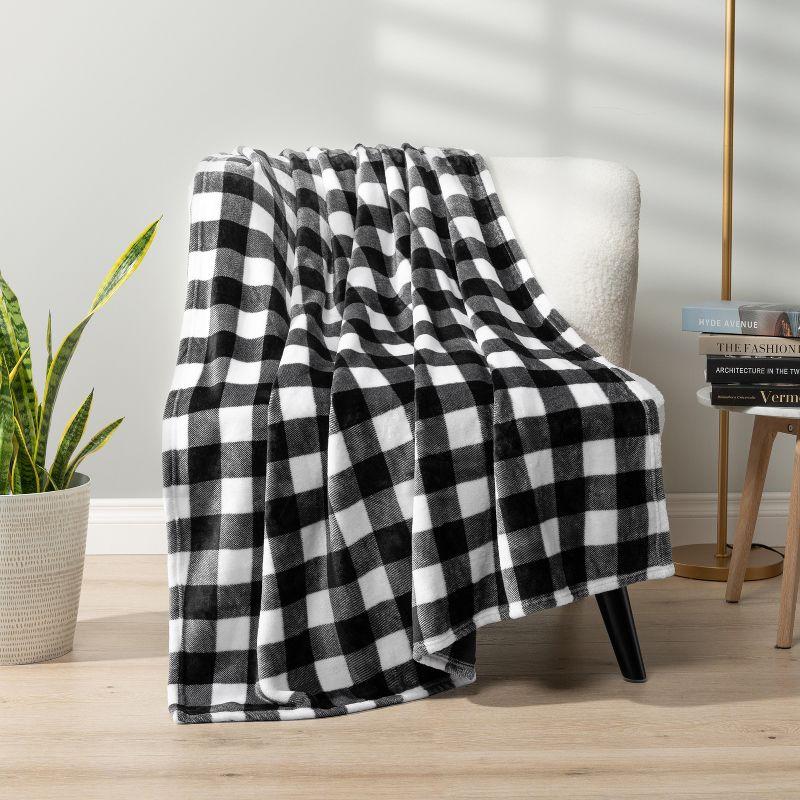 PAVILIA Premium Fleece Throw Blanket for Sofa Couch, Soft Flannel Plaid Stripe Decorative Print Blanket, Plaid White/Black/Throw - 50x60