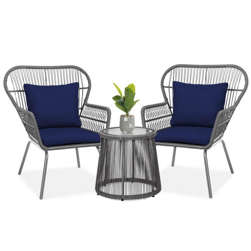 Best Choice Products 3-Piece Patio Conversation Bistro Set, Outdoor Wicker w/ 2 Chairs, Cushions, Side Table - Gray/Navy