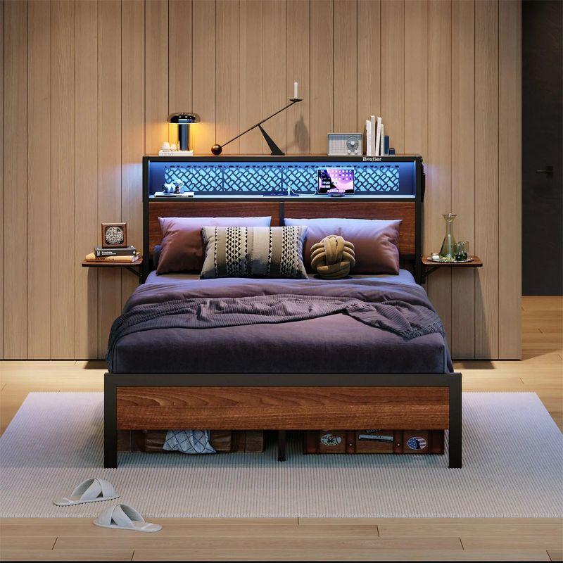 Bestier Full Size LED Bed Frame with Headboard and Foldable Bedside Shelves Storage, Black
