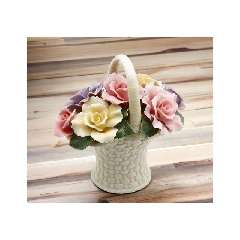 Pastel Ceramic Rose Flower Basket Figurine, 4.38 Inches