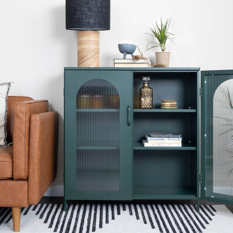 Dark Green Metal Cabinet with Adjustable Shelves and Arched Glass Doors