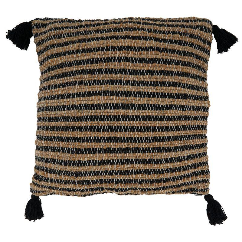 Black and Tan Striped Cotton Tassel Pillow Cover