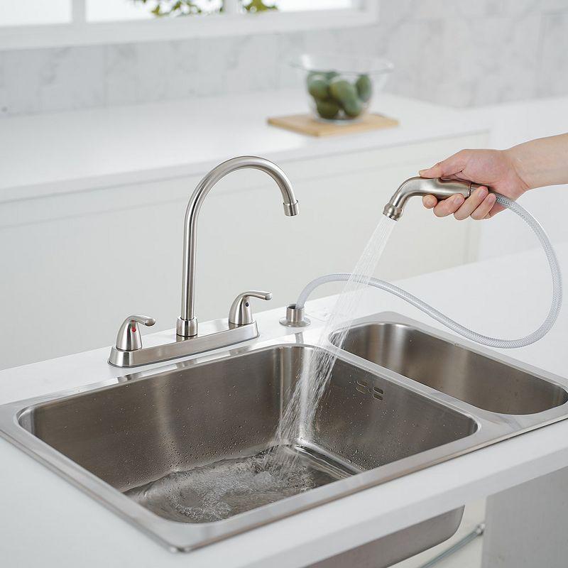 Double Handles 4 Holes Standard Kitchen Faucet Sink With Side Sprayer