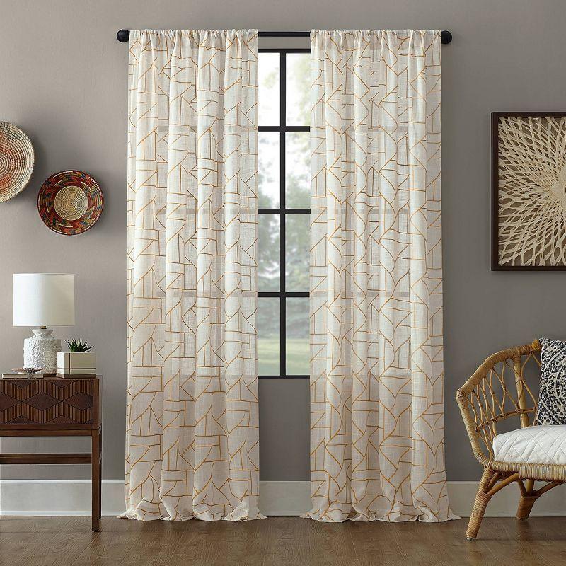 Archaeo Light Filtering Jigsaw Embroidery Linen Blend Curtain Panel