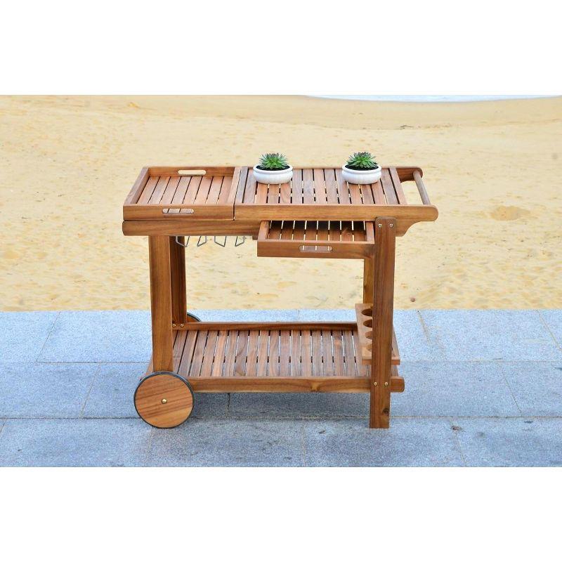 Transitional Acacia Wood Serving Cart with Wine Rack and Storage