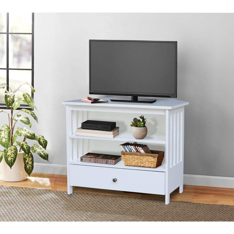 White Solid Wood Corner TV Stand with Shelves and Drawer