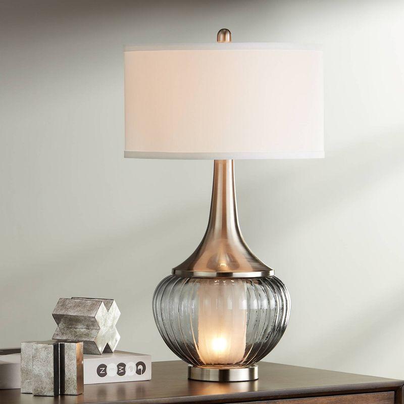 360 Lighting Courtney Modern Table Lamp 28 1/2" Tall Fluted Smoked Glass with Nightlight White Linen Drum Shade for Bedroom Living Room Nightstand