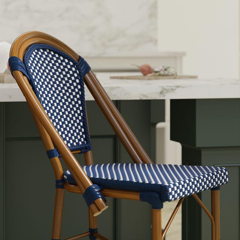 Emma & Oliver Soie Set of Two Stacking Bistro Chairs with Navy and White PE Seat and Back and Bamboo Finished Aluminum Frame for Indoor/Outdoor Use