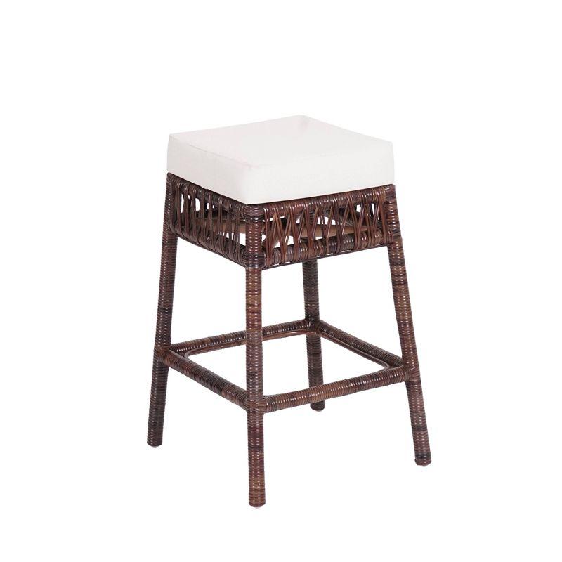 JONATHAN Y Bali Bohemian Basics Rattan Backless Bar Stool, White Cushion with Dark Brown Woven Frame