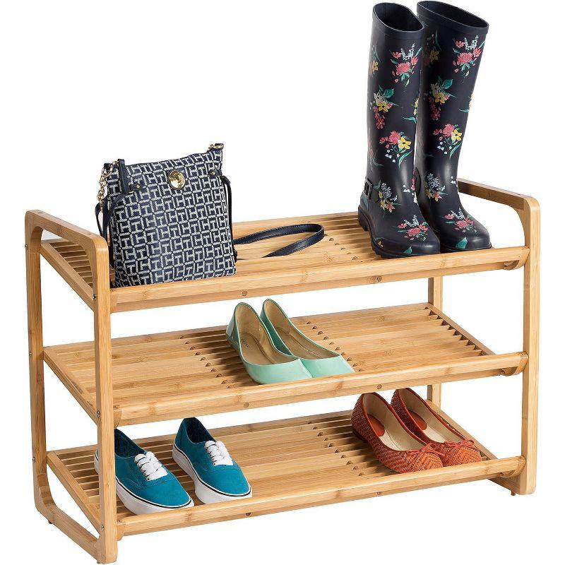 Natural Bamboo 3-Tier Shoe Rack with Slatted Shelves