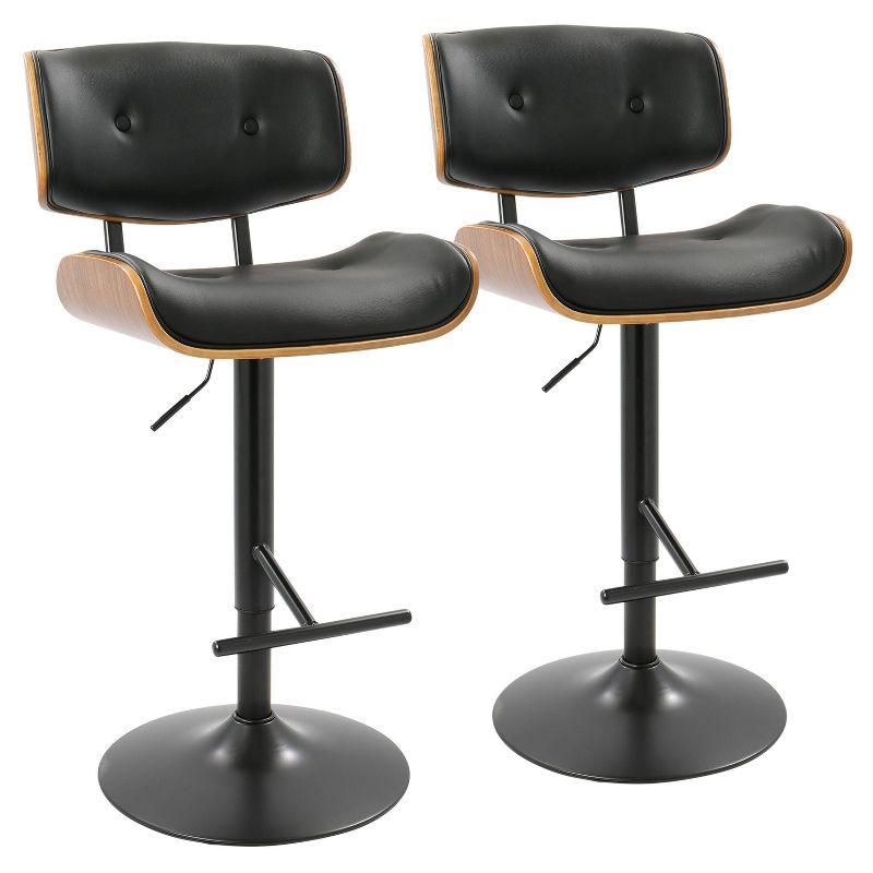 Adjustable Black Leather and Walnut Wood Swivel Barstool