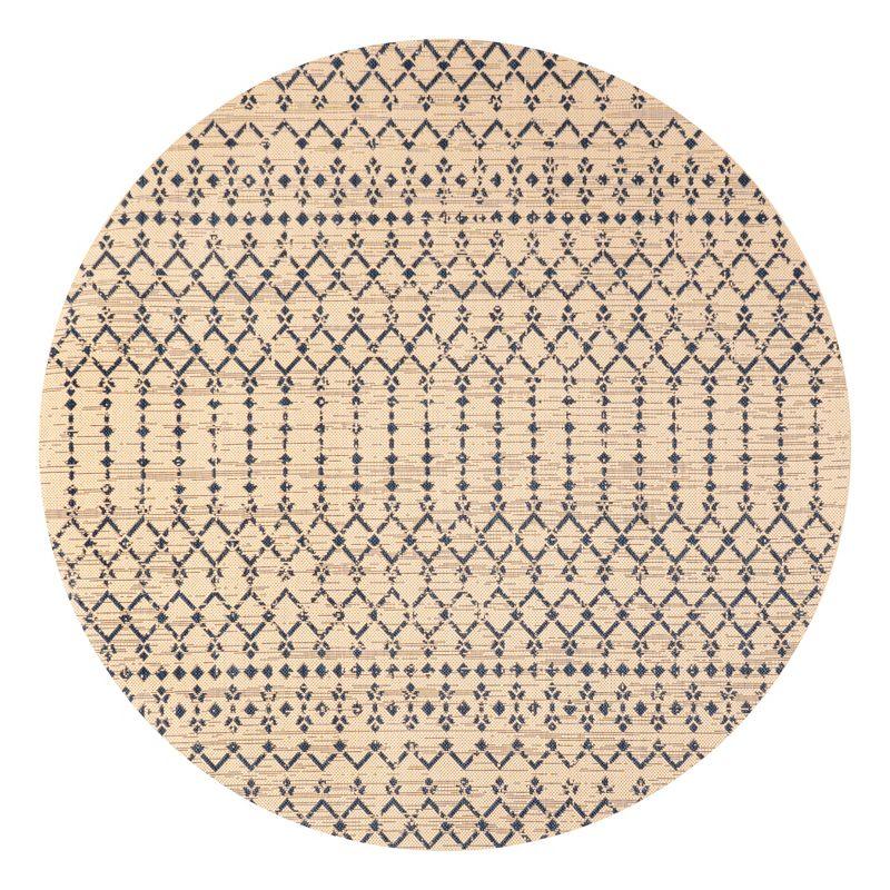 5' Round Ourika Moroccan Geometric Textured Weave Indoor/Outdoor Area Rug, Beige/Navy - JONATHAN Y